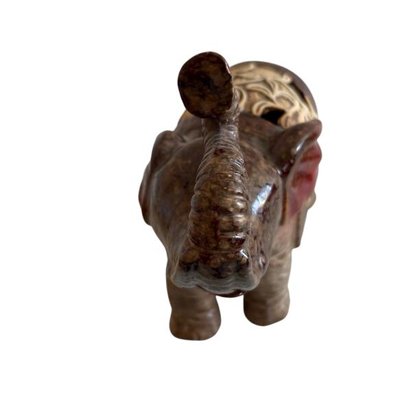 Vintage Ceramic Elephant Figurine Brown Red Glazed Filigree Cutout 7” Trunk Up - Picture 8 of 12